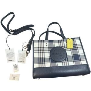 Coach Dempsey Tote 22 Navy Plaid Jacquard Leather C8201 Tags Strap Receipt Proof